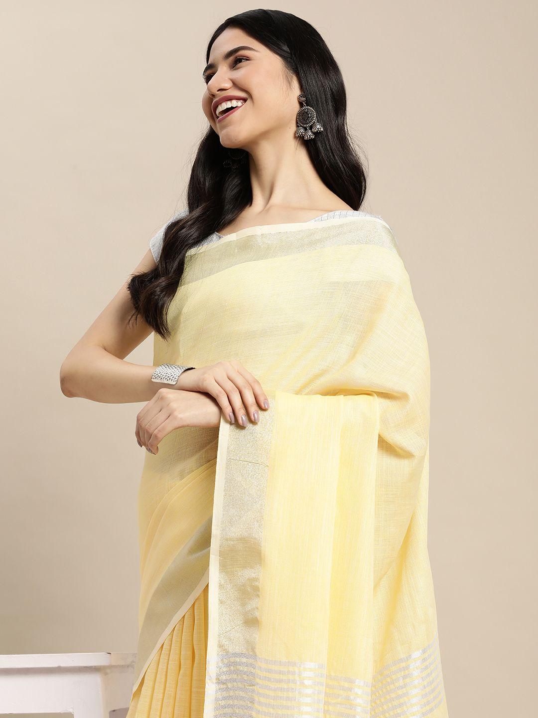 sangam prints yellow solid linen blend saree