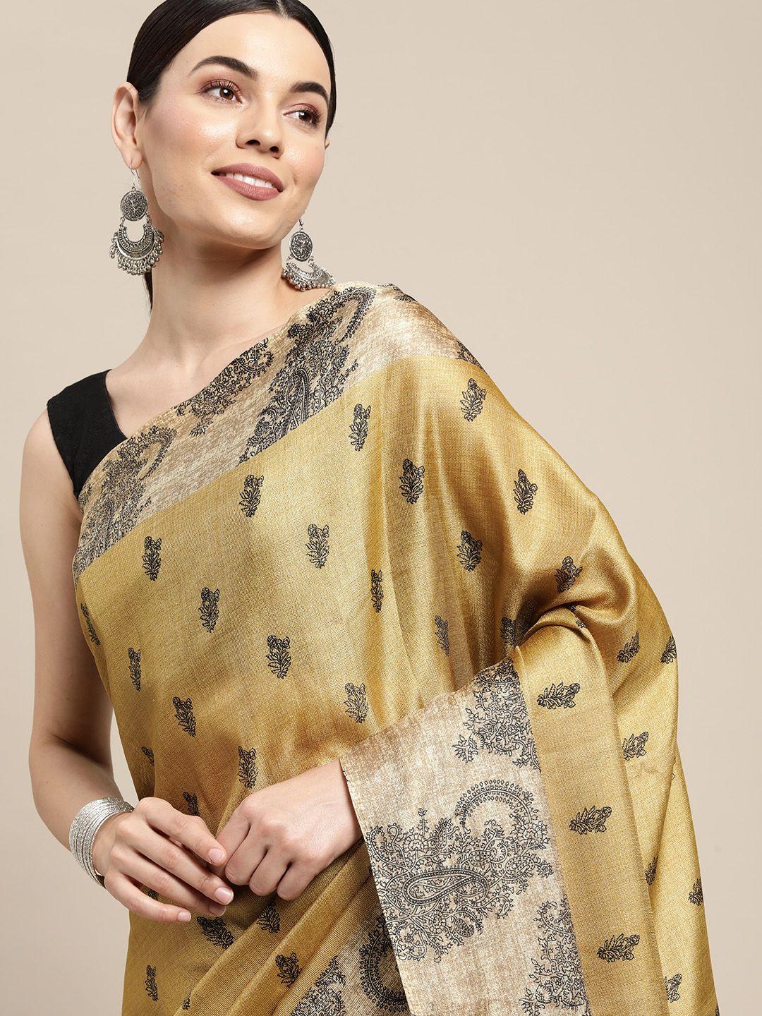 sangam prints beige & black ethnic motifs cotton blend saree