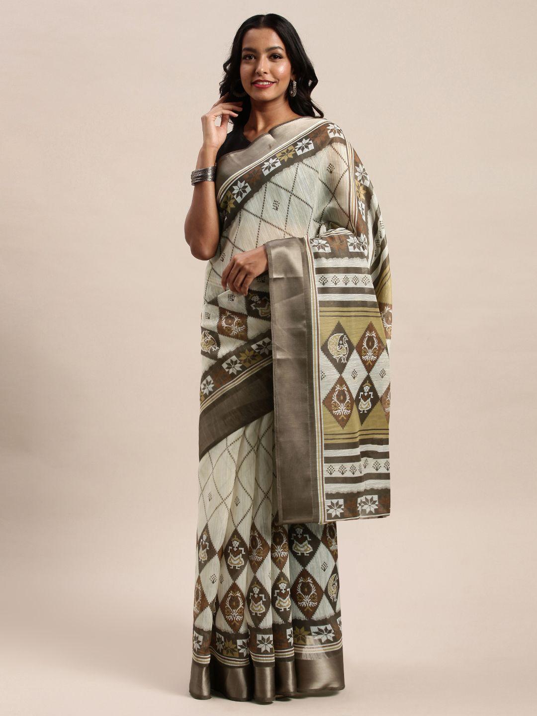 sangam prints beige & brown polycotton ethnic printed saree