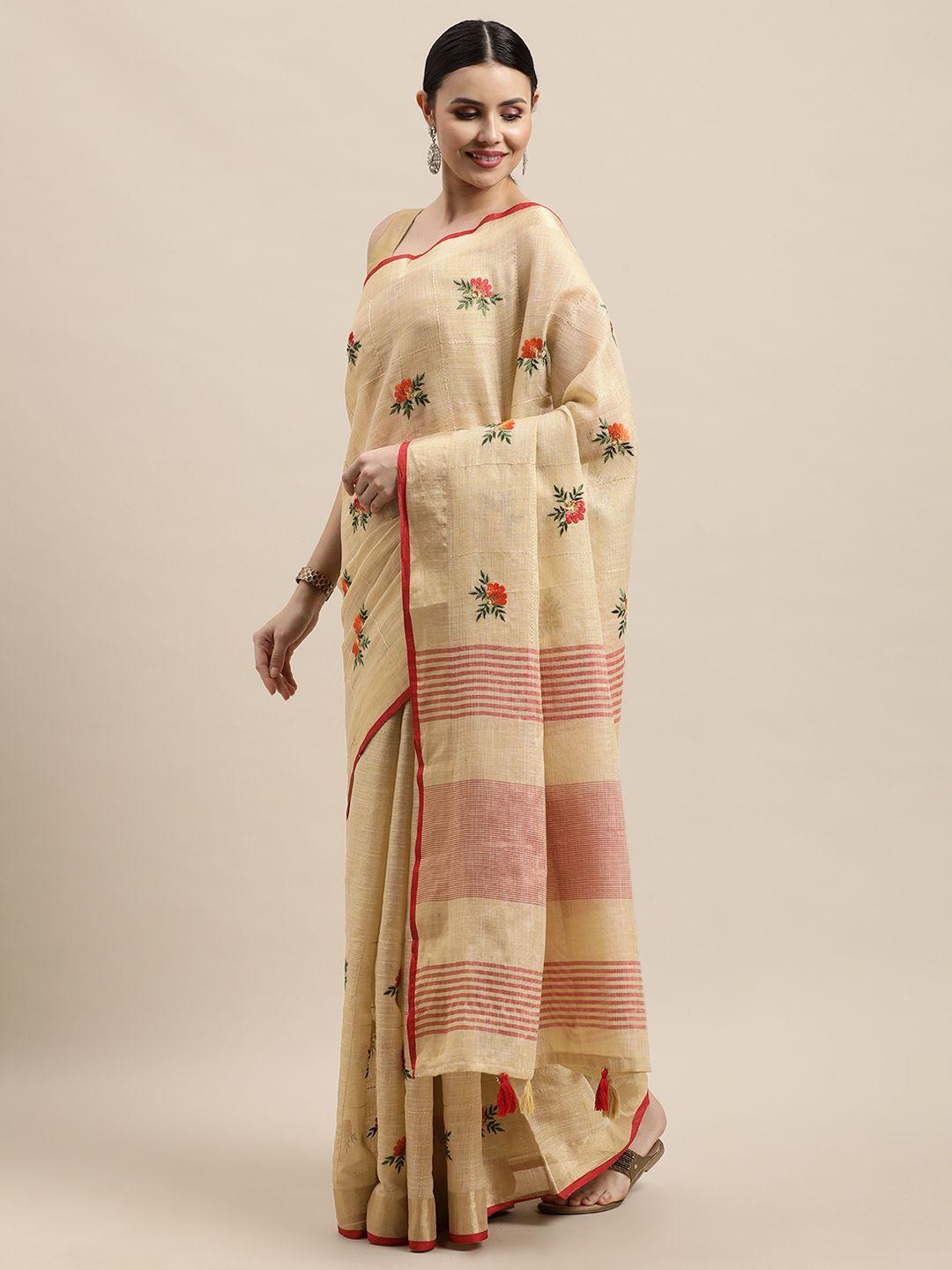 sangam prints beige & green ethnic embroidered linen blend saree