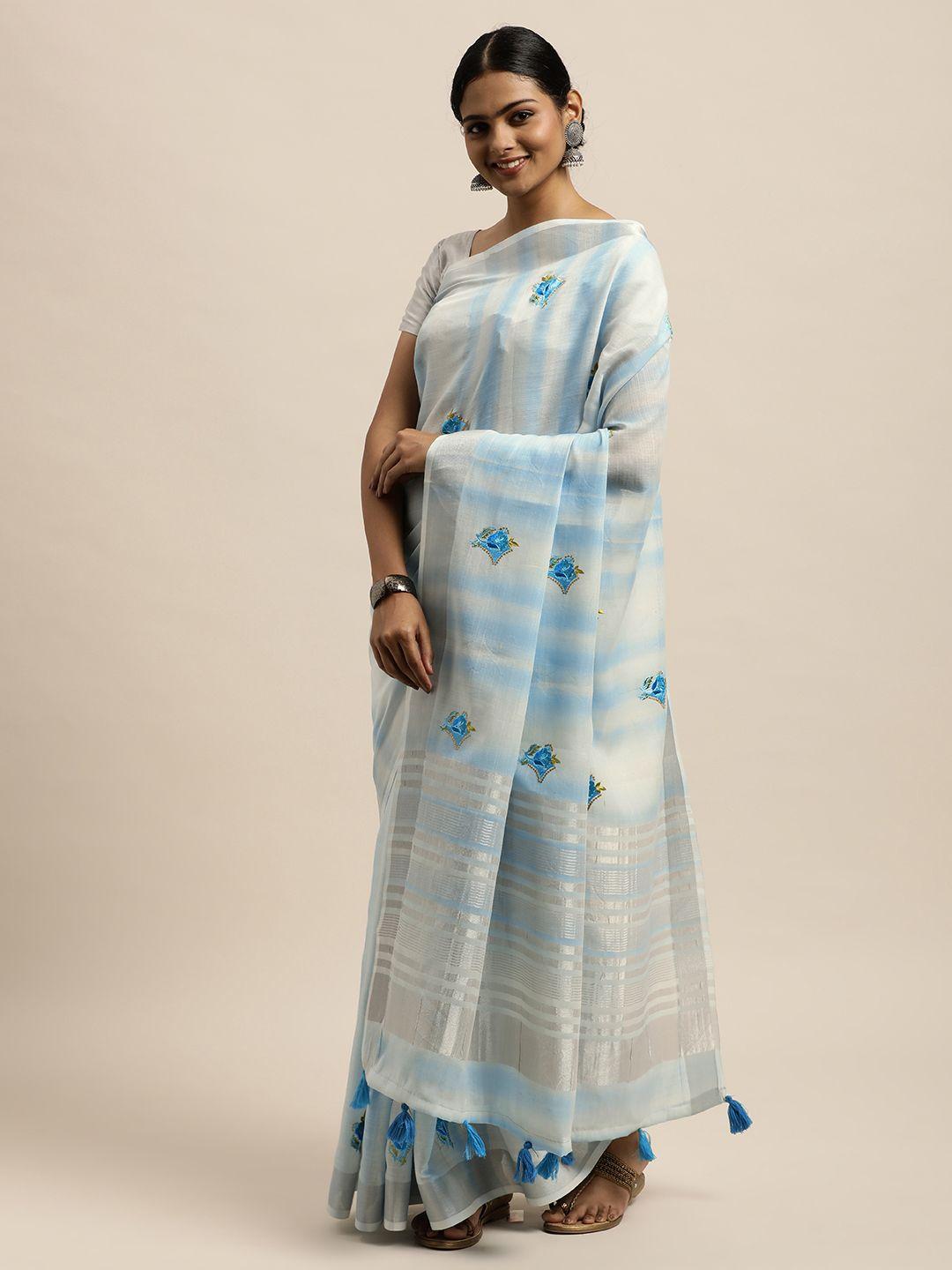 sangam prints blue & off white ethnic motifs pure linen saree