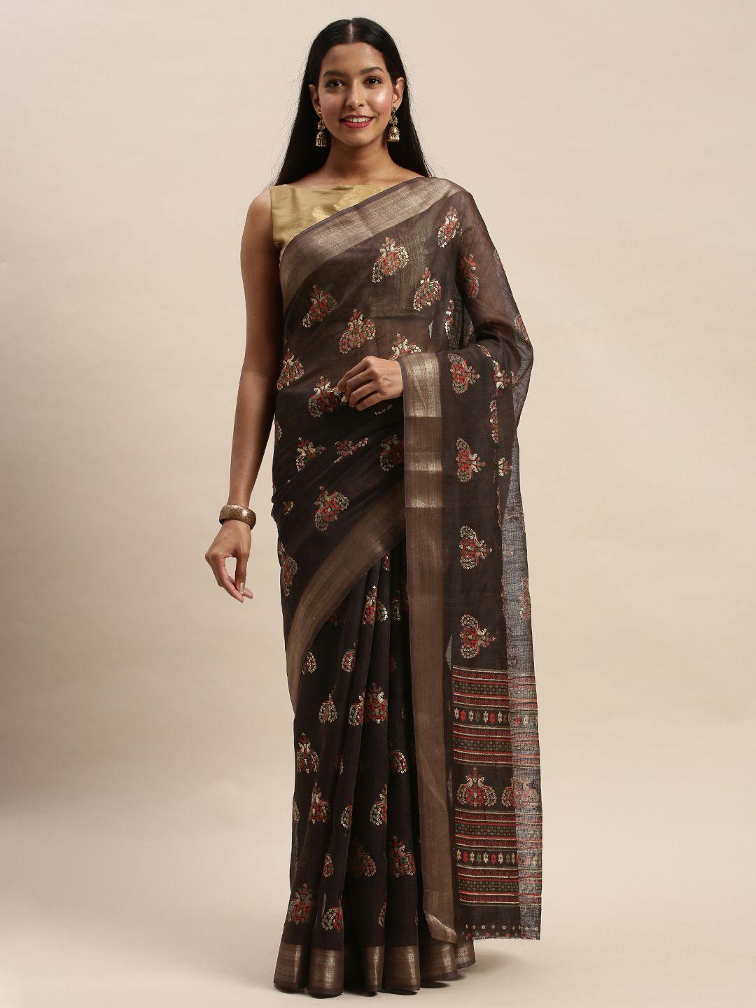 sangam prints brown & gold-toned cotton blend woven design chanderi saree