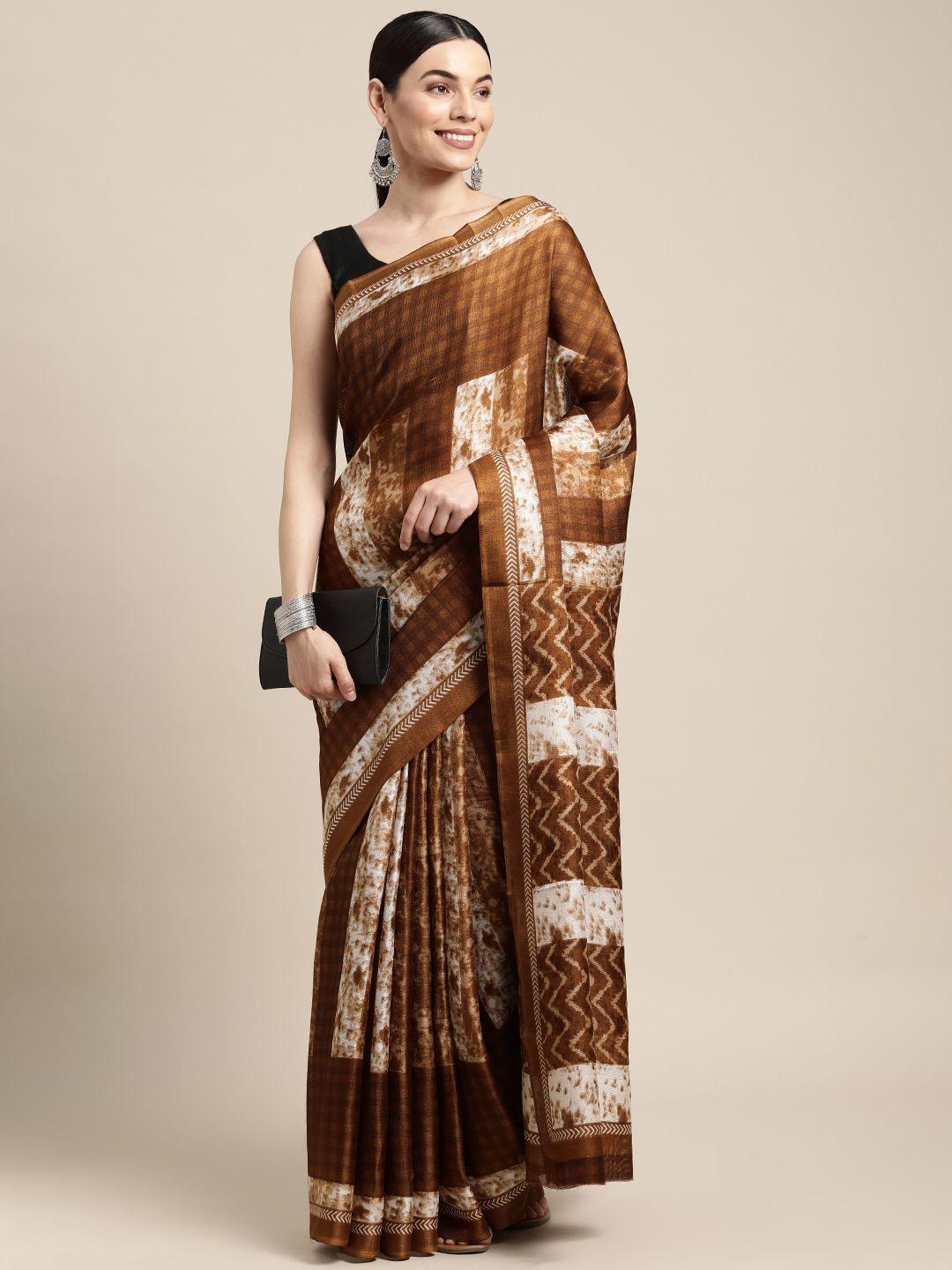 sangam prints brown & white printed cotton blend saree