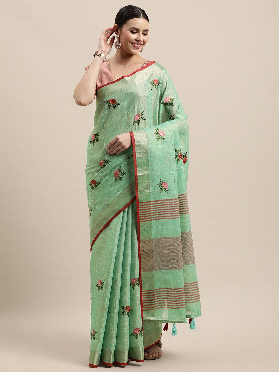 sangam prints green & maroon ethnic embroidered linen blend saree