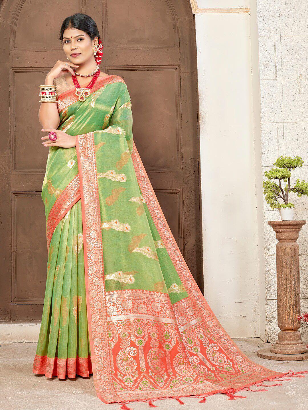 sangam prints green & peach-coloured woven design zari saree