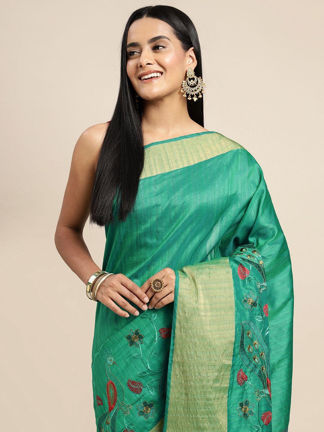 sangam prints green & red ethnic motifs silk blend saree