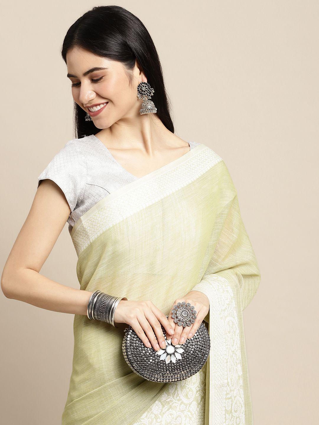 sangam prints green & white solid linen blend saree