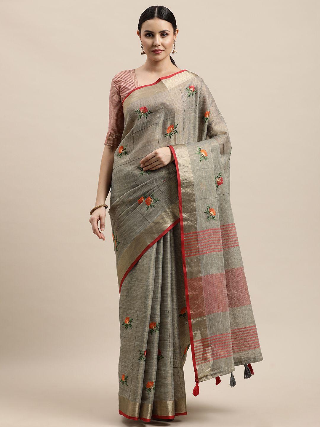 sangam prints grey & red ethnic embroidered linen blend saree