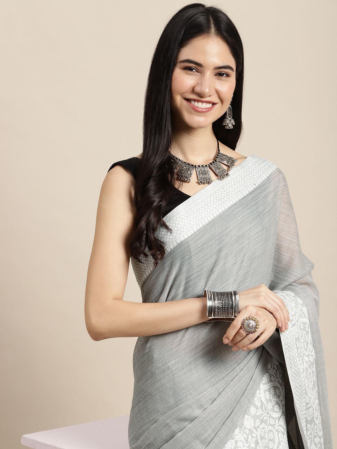 sangam prints grey & white solid linen blend saree