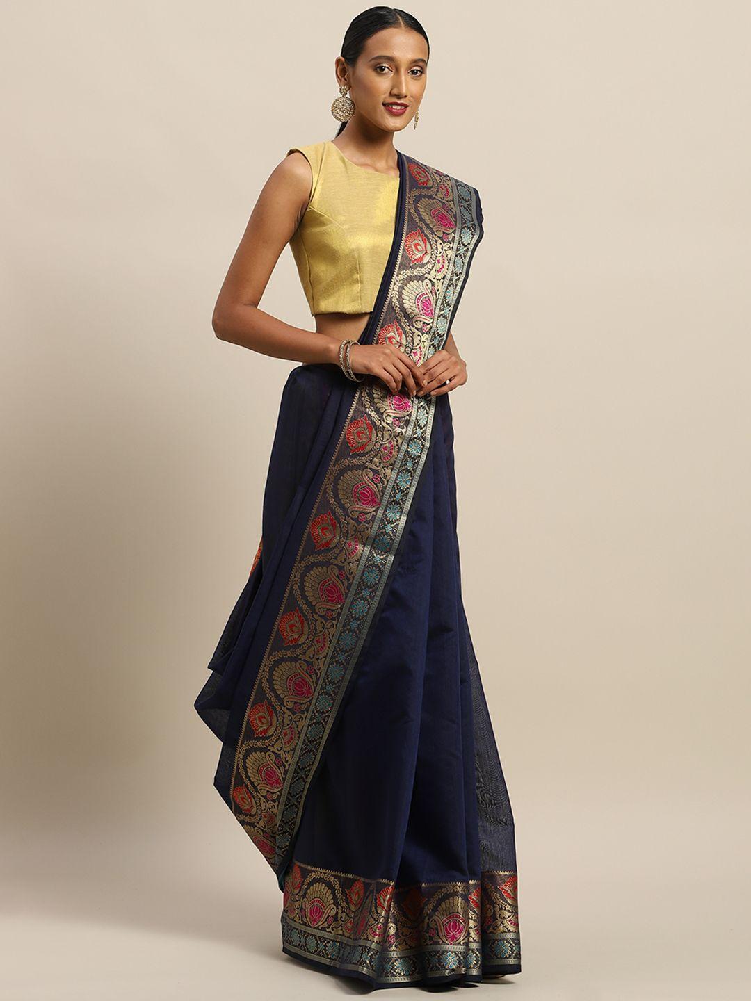 sangam prints navy blue & red handloom silk cotton solid saree