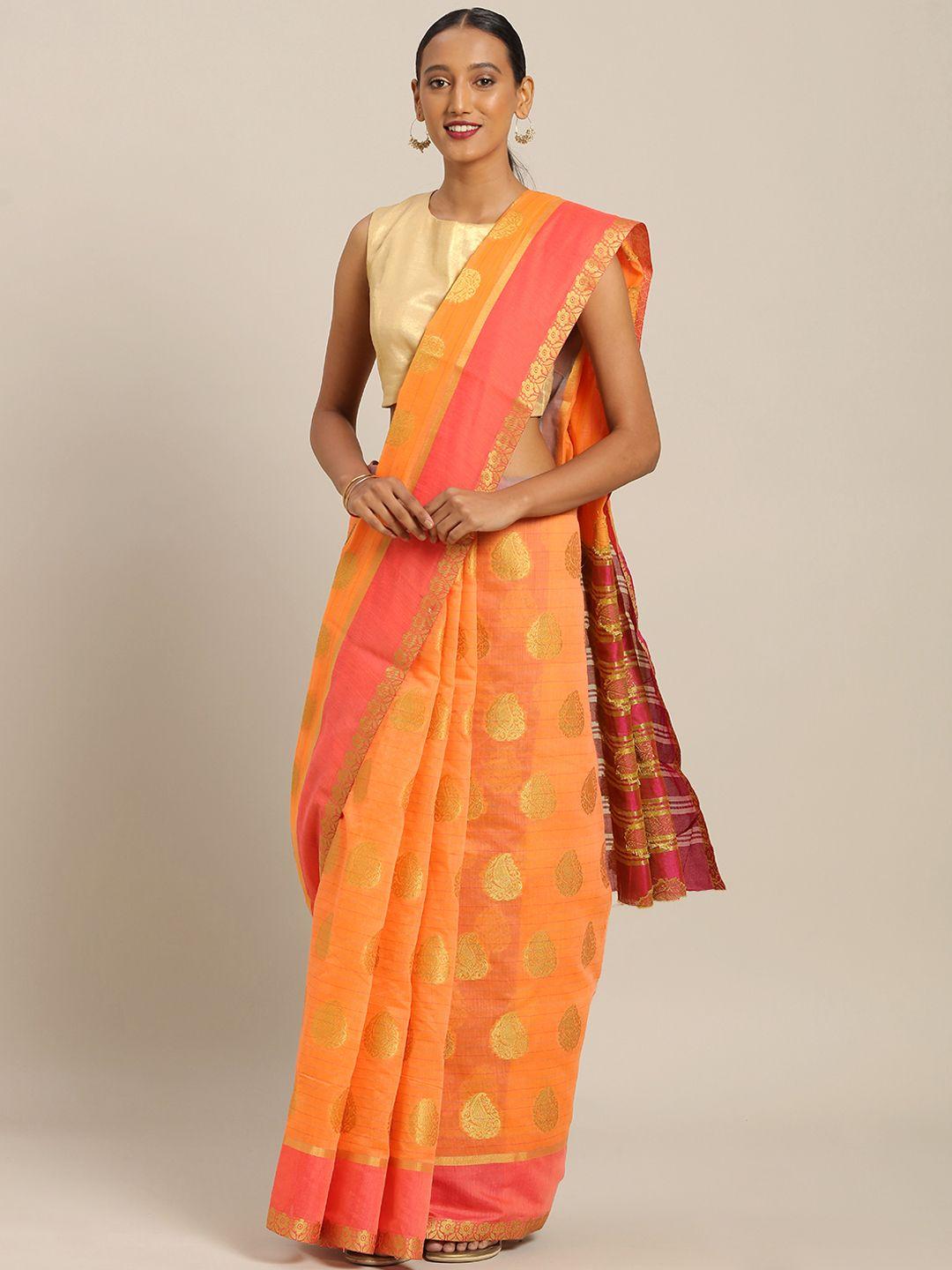 sangam prints orange & pink pure cotton woven design handloom taant saree