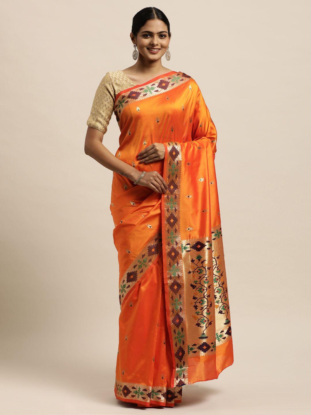 sangam prints orange ethnic motifs zari pure silk saree