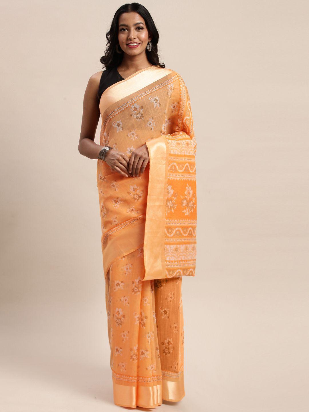 sangam prints orange floral printed polycotton saree
