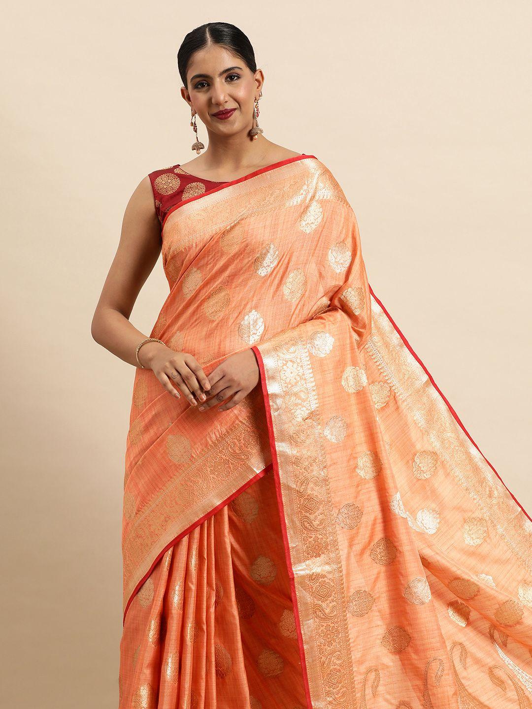 sangam prints peach-coloured & gold-toned ethnic motifs silk blend saree