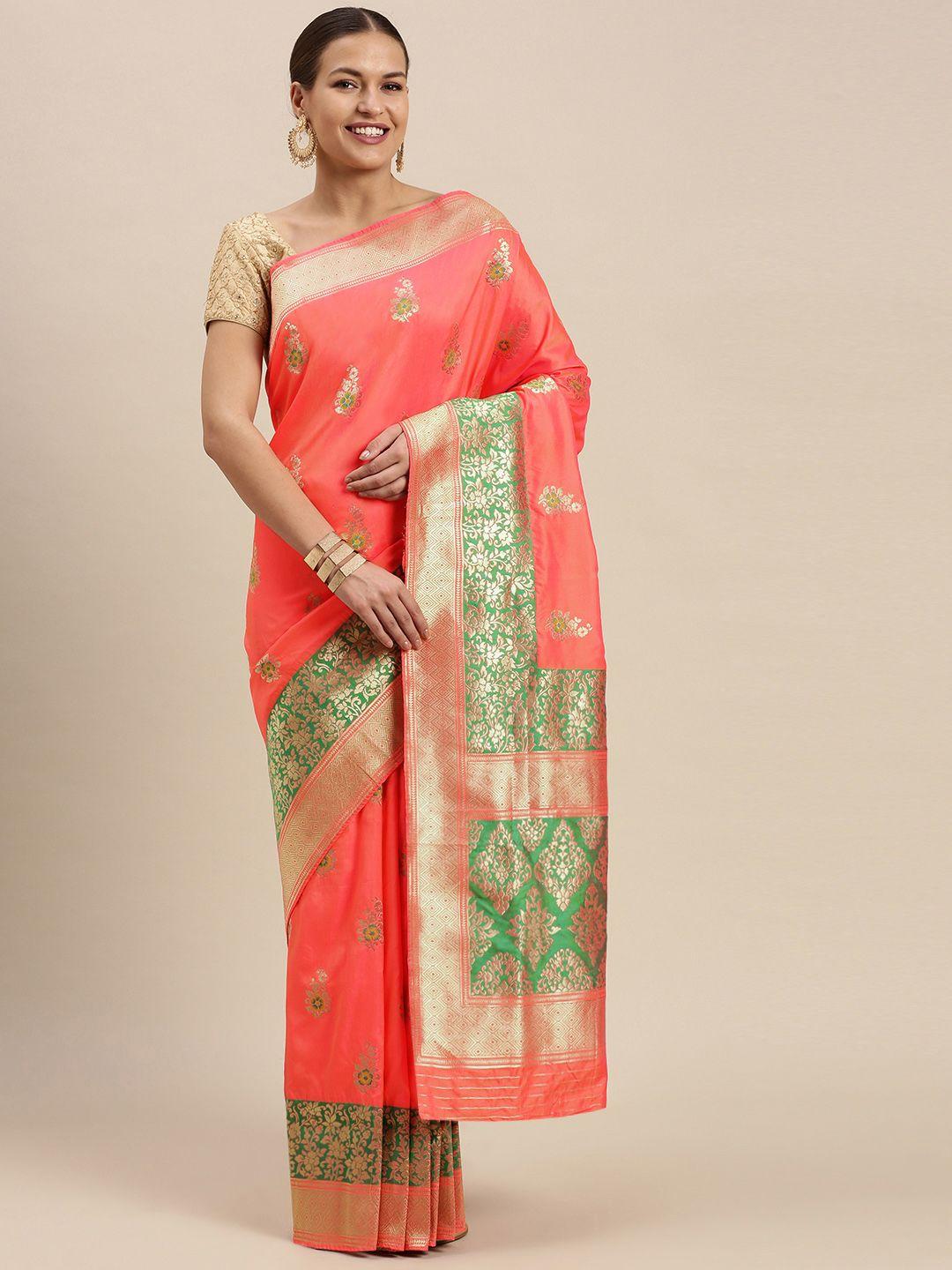 sangam prints peach-coloured & golden jacquard ethnic motifs zari pure silk saree