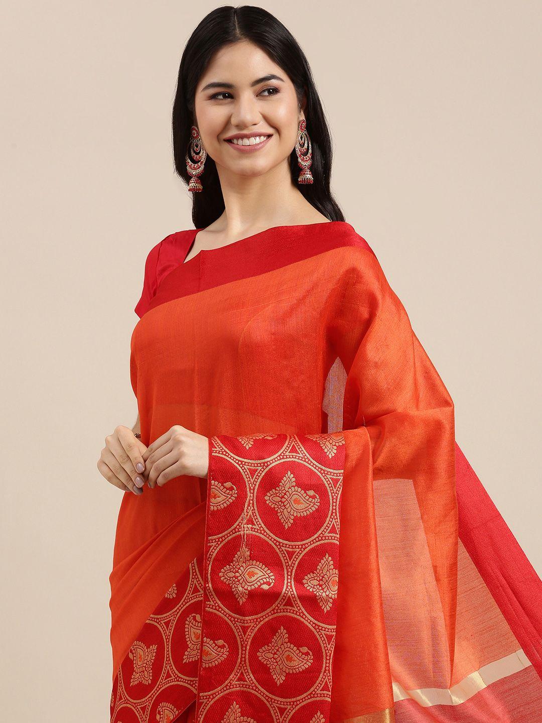 sangam prints red & orange solid woven border saree