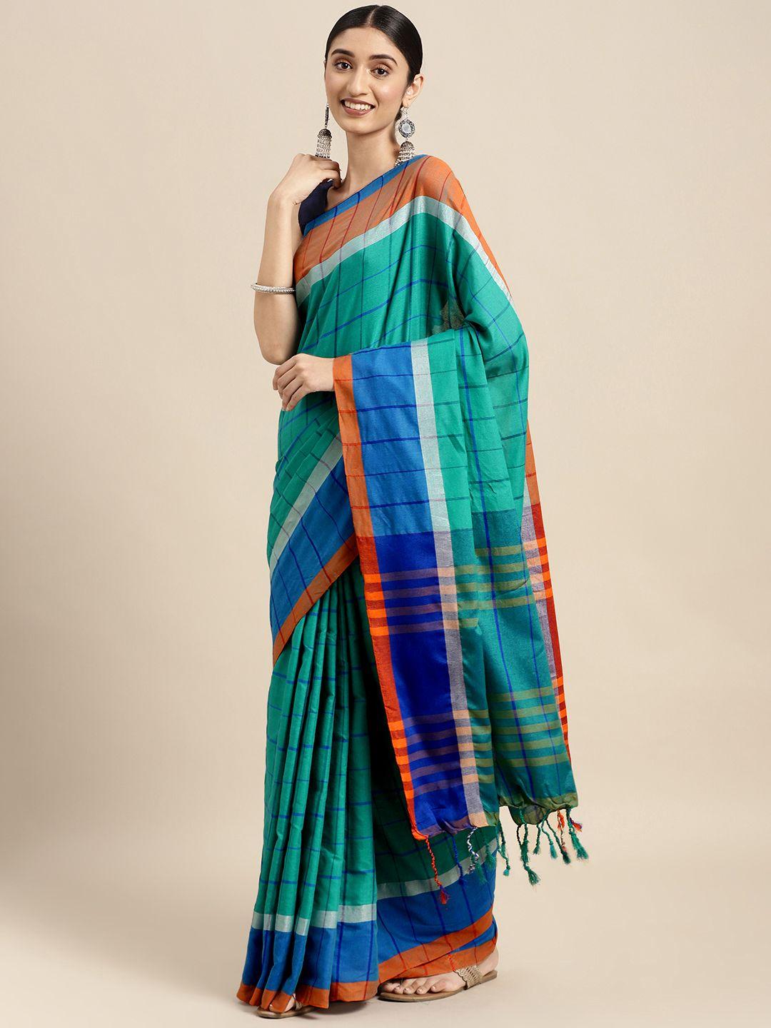 sangam prints turquoise blue woven checked saree with unstitched blouse