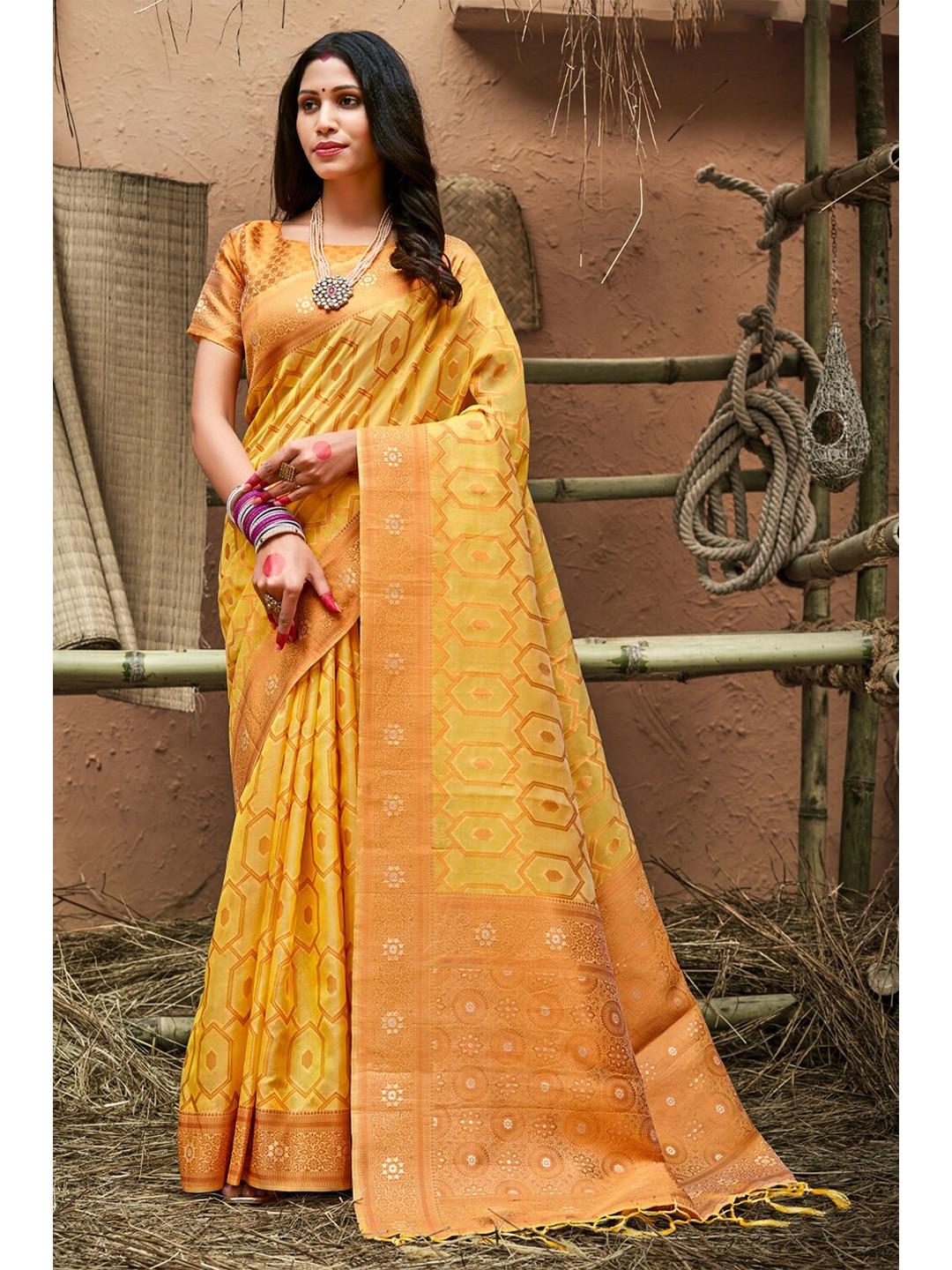 sangam prints yellow & gold-toned zari organza banarasi saree