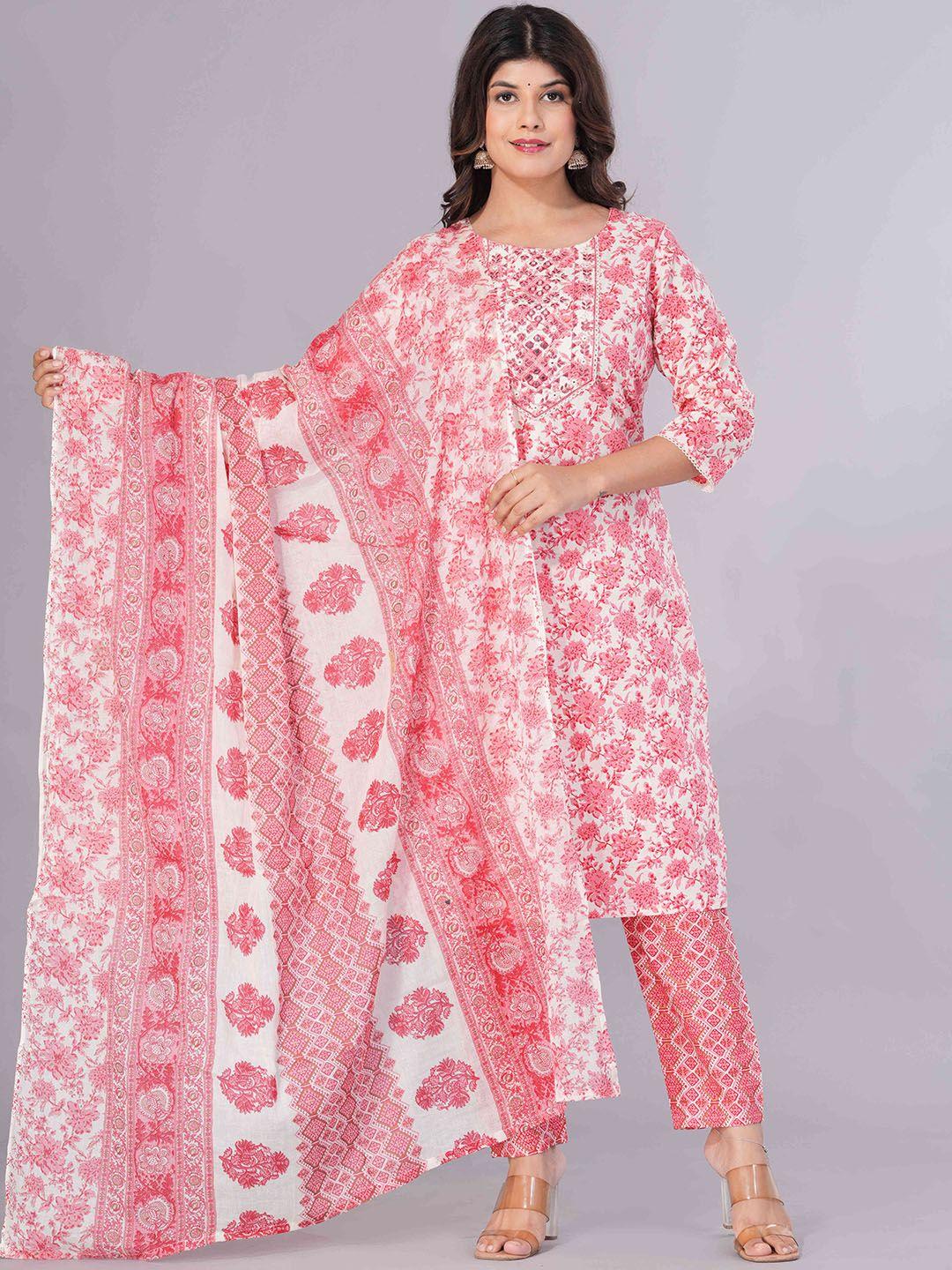 sanganeri kurti women red floral printed regular mirror work pure cotton kurta with trousers & with dupatta