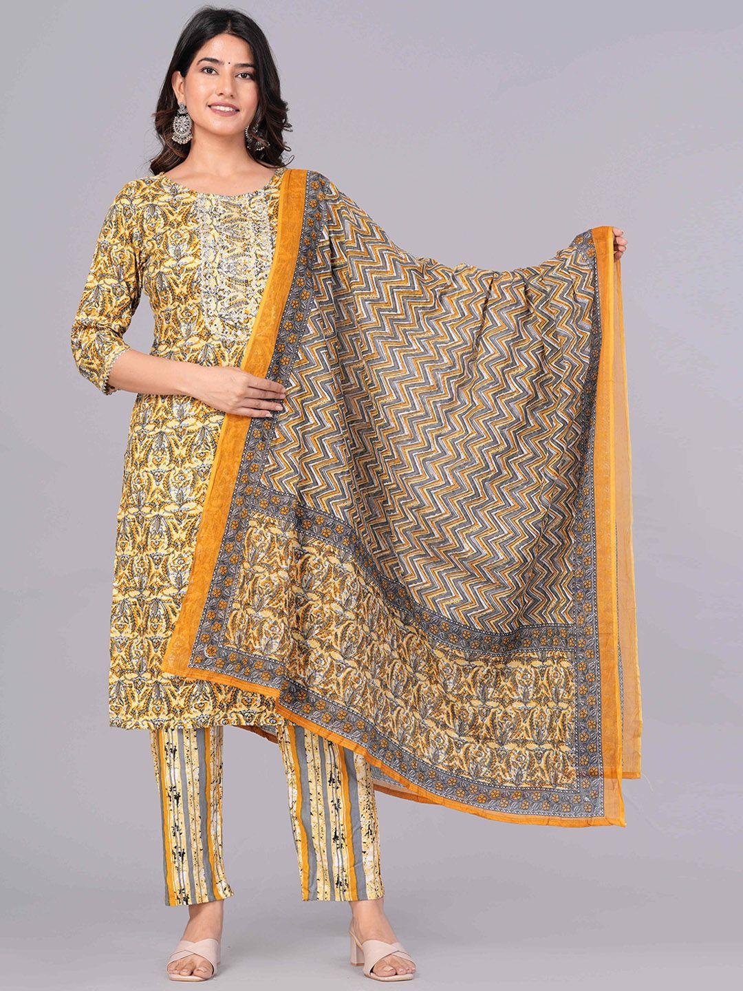 sanganeri kurti women mustard yellow printed regular pure cotton kurta with trousers & with dupatta