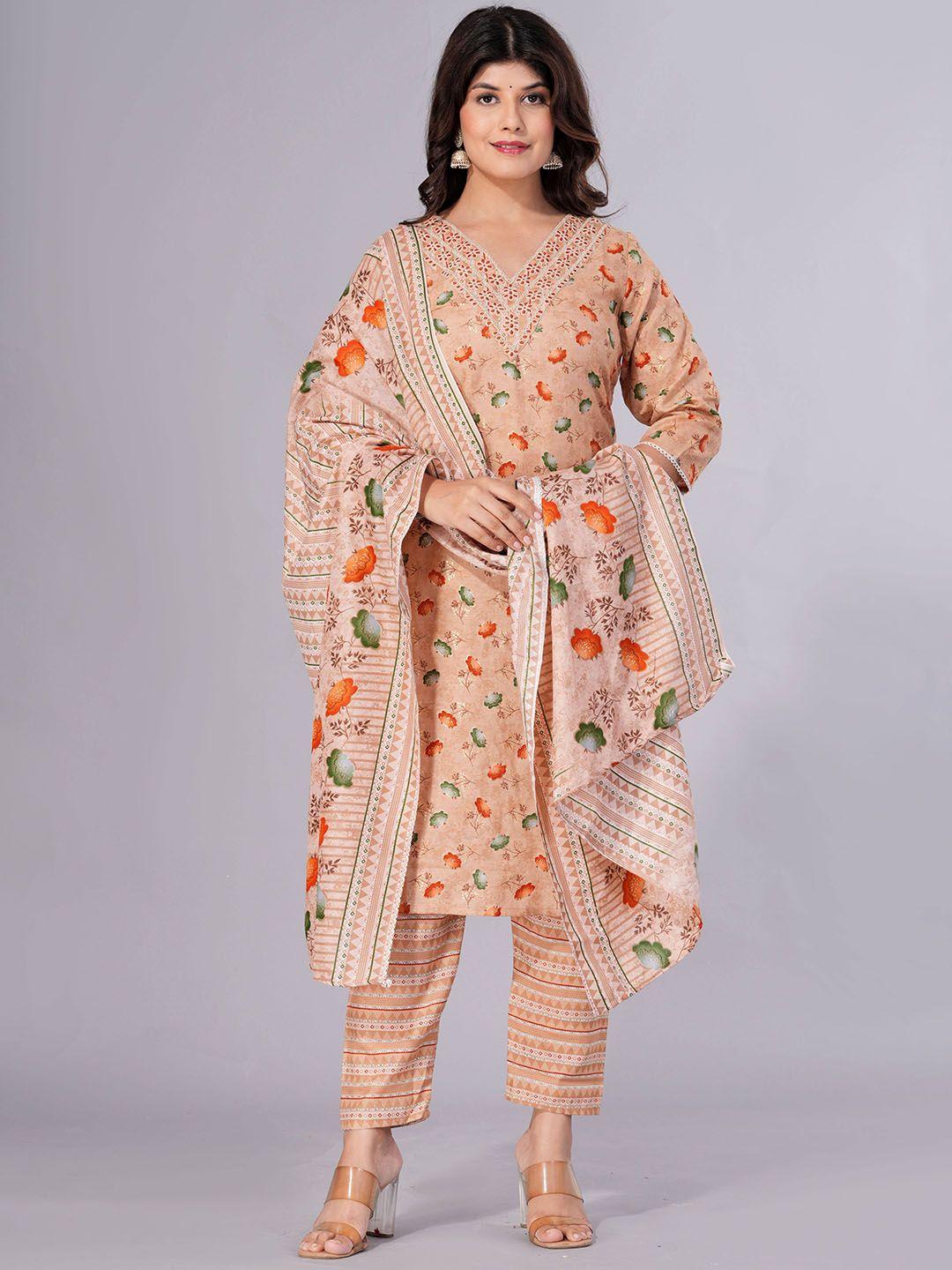 sanganeri kurti women peach-coloured floral printed regular thread work pure cotton kurta with trousers &