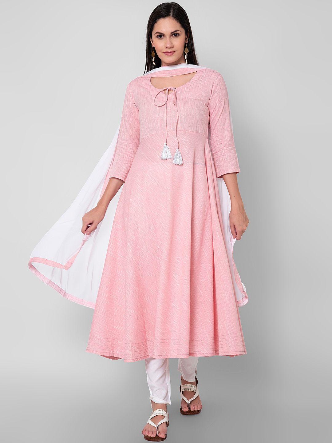 sanganeri kurti women pink & white pure cotton kurta with trousers & dupatta
