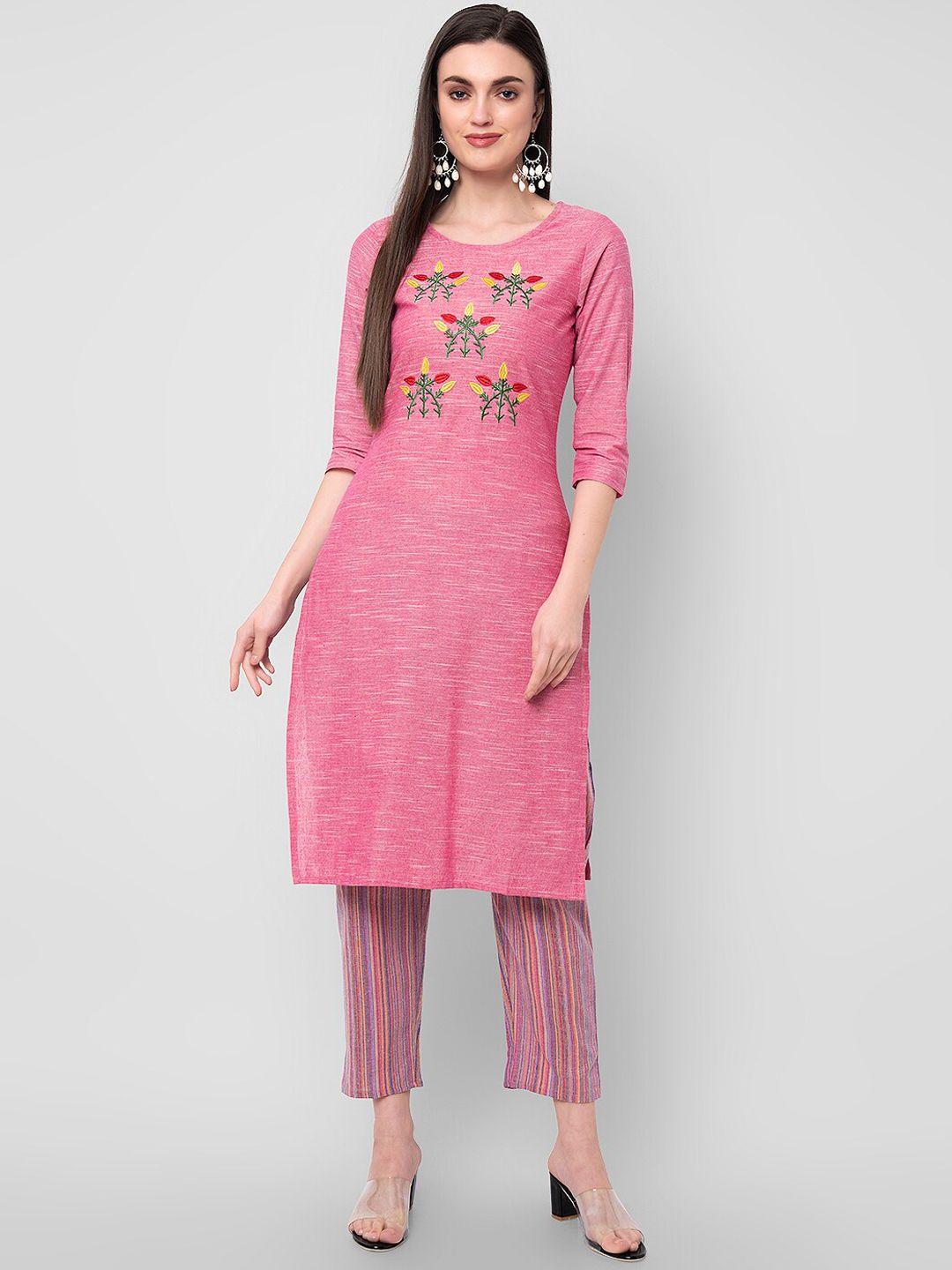 sanganeri kurti women pink embroidered thread work pure cotton kurta with trousers