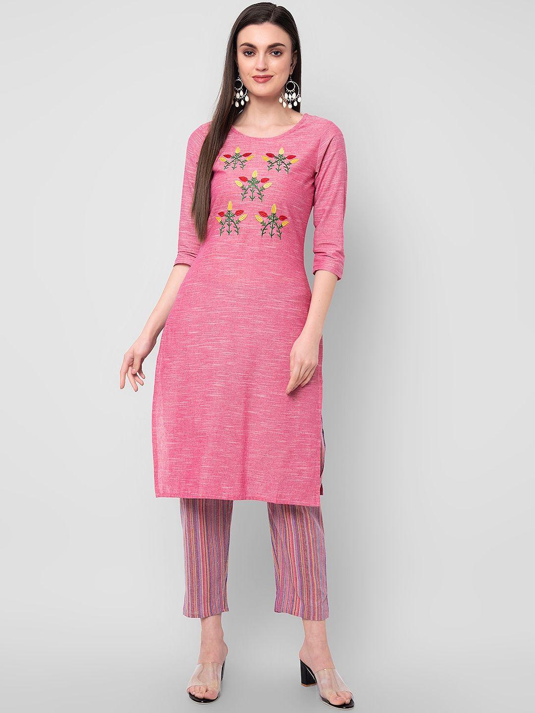 sanganeri kurti women pink embroidered thread work pure cotton kurti with trousers