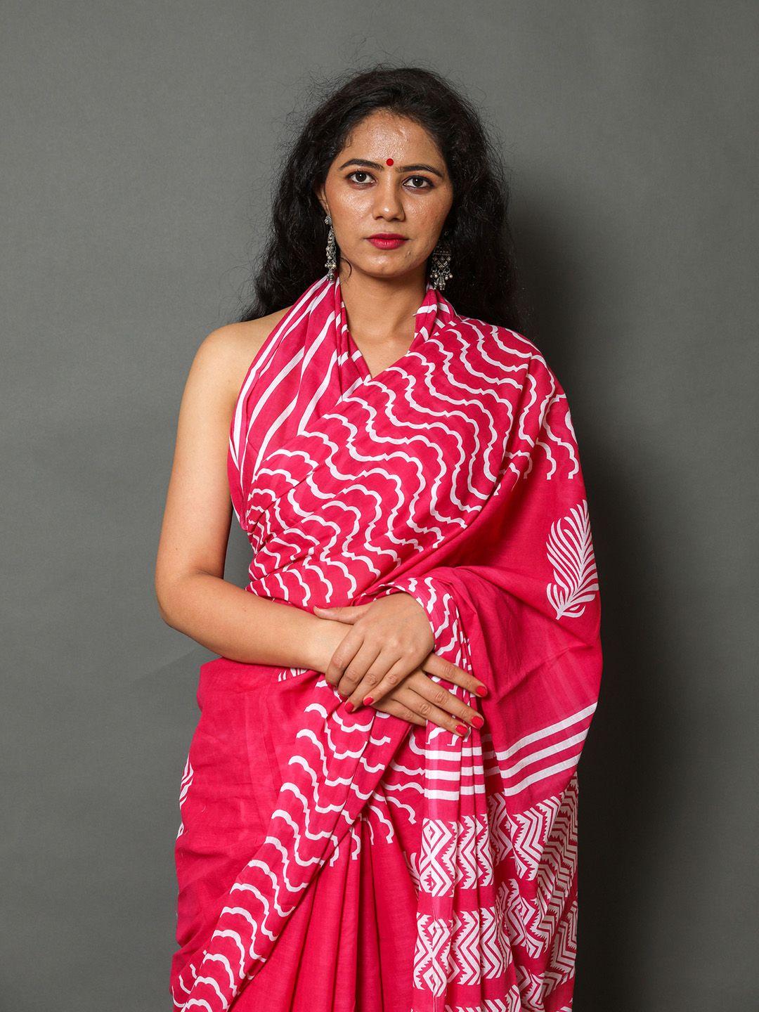 sanganeri print floral pure cotton block printed saree