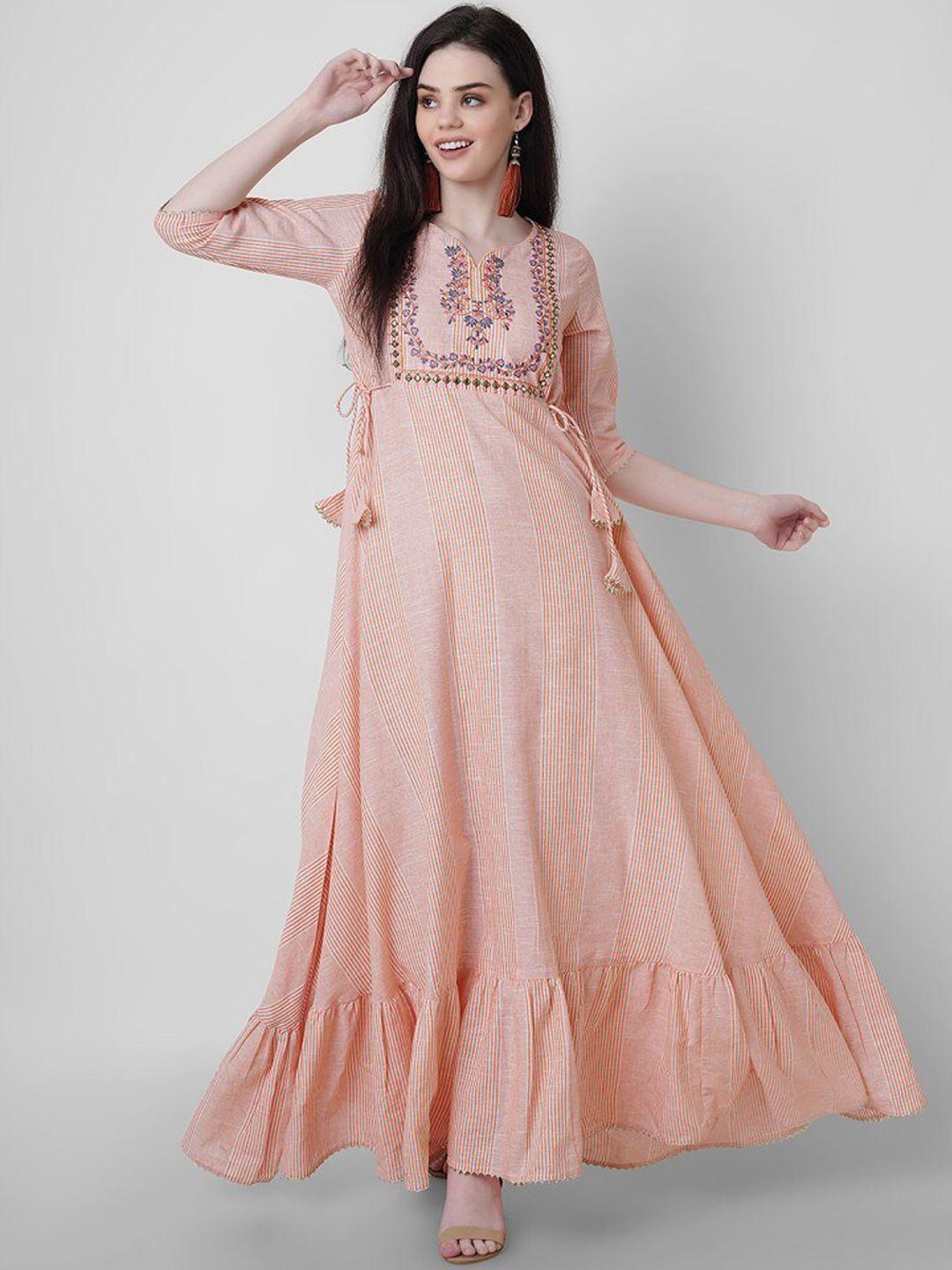 sanganeri striped embroidered maxi long pure cotton gown