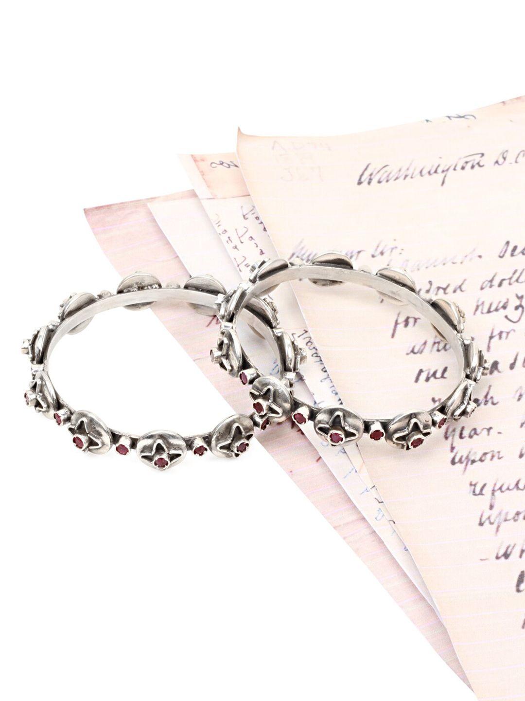 sangeeta boochra set of 2 silver-toned & maroon cz -studded silver bangle-style bracelet