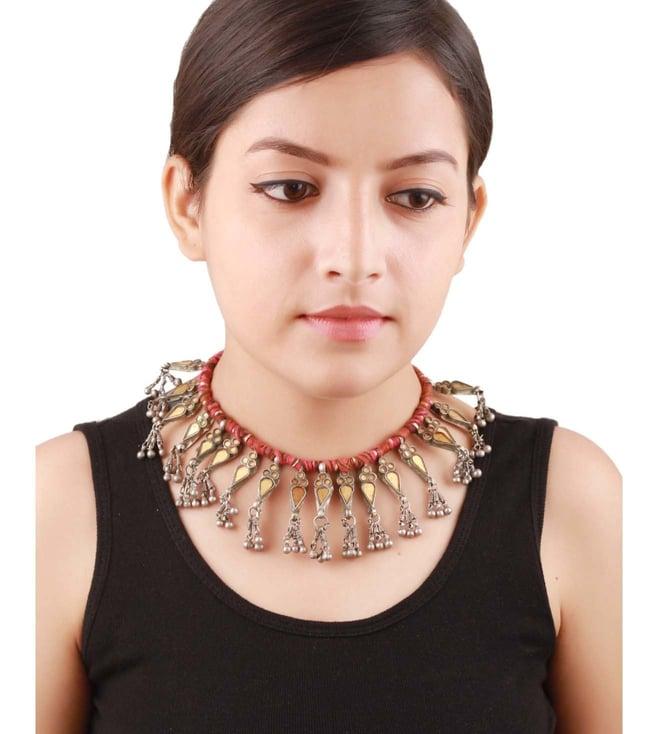 sangeeta boochra silver handcrafted adjustable necklace with ghughru and tessels