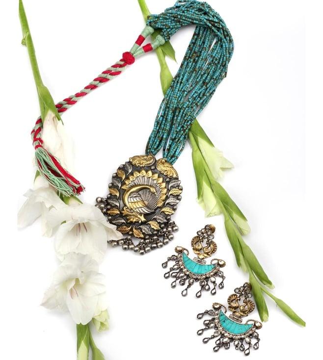 sangeeta boochra silver handcrafted gold plated peacock adjustable necklace with earrings