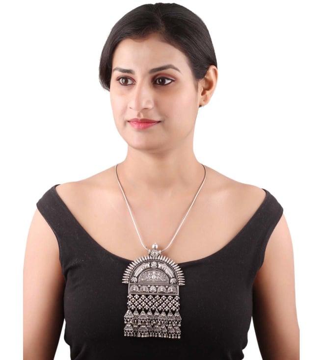 sangeeta boochra silver handcrafted necklace with chain, engraved fish, peacock, lord ganesha and motifs