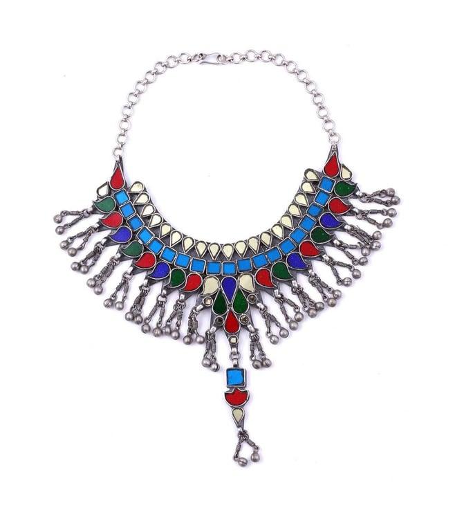 sangeeta boochra silver handcrafted necklace with color stone, ghughru and chain