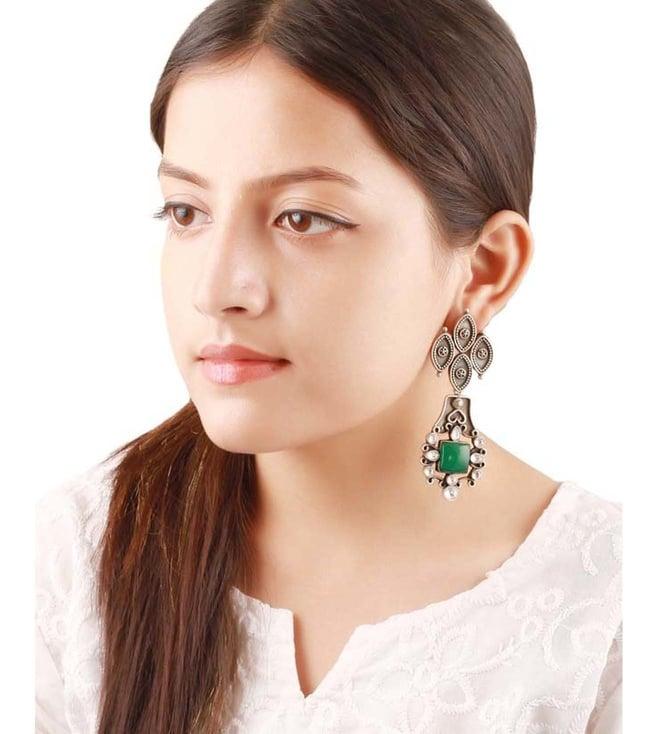 sangeeta boochra silver handcrafted oxidised earrings with green onyx and checker