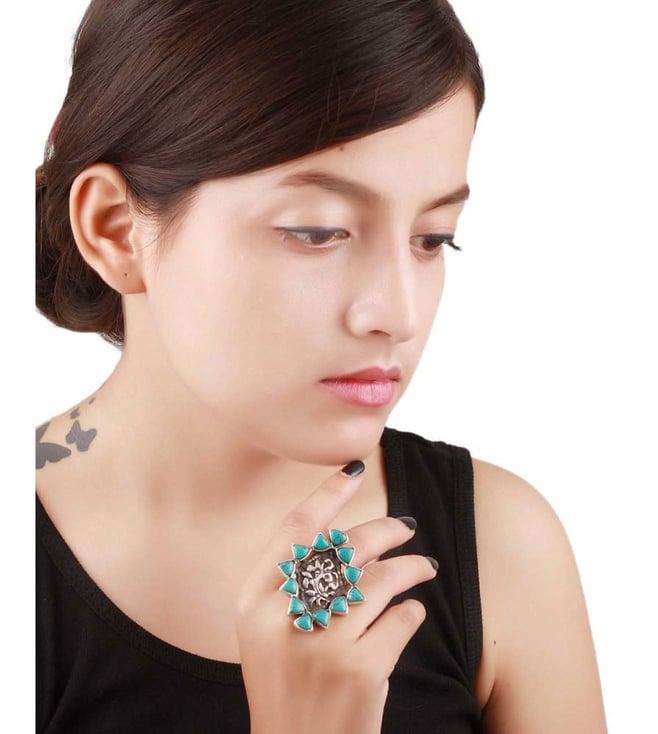 sangeeta boochra silver handcrafted oxidised engraved ring with turquoise