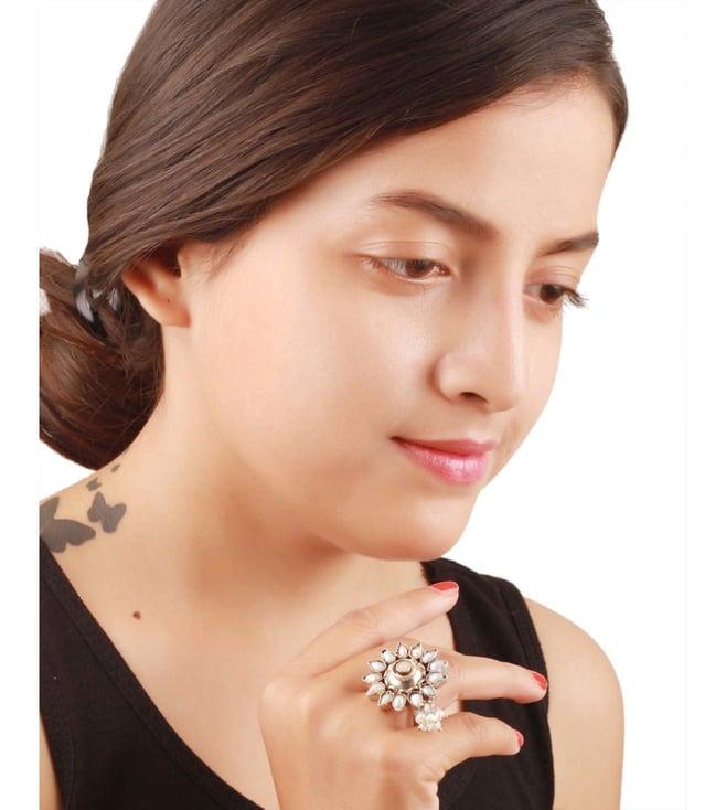 sangeeta boochra silver handcrafted oxidised ring with kundan and pearl