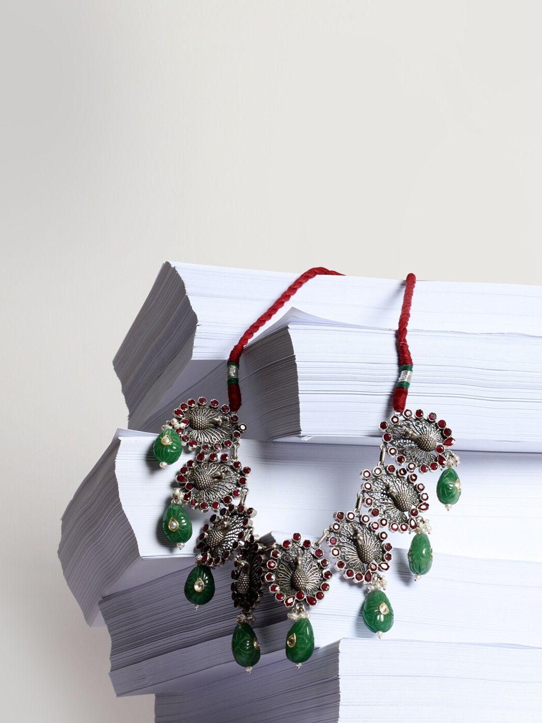 sangeeta boochra silver-plated & green handcrafted statement necklace