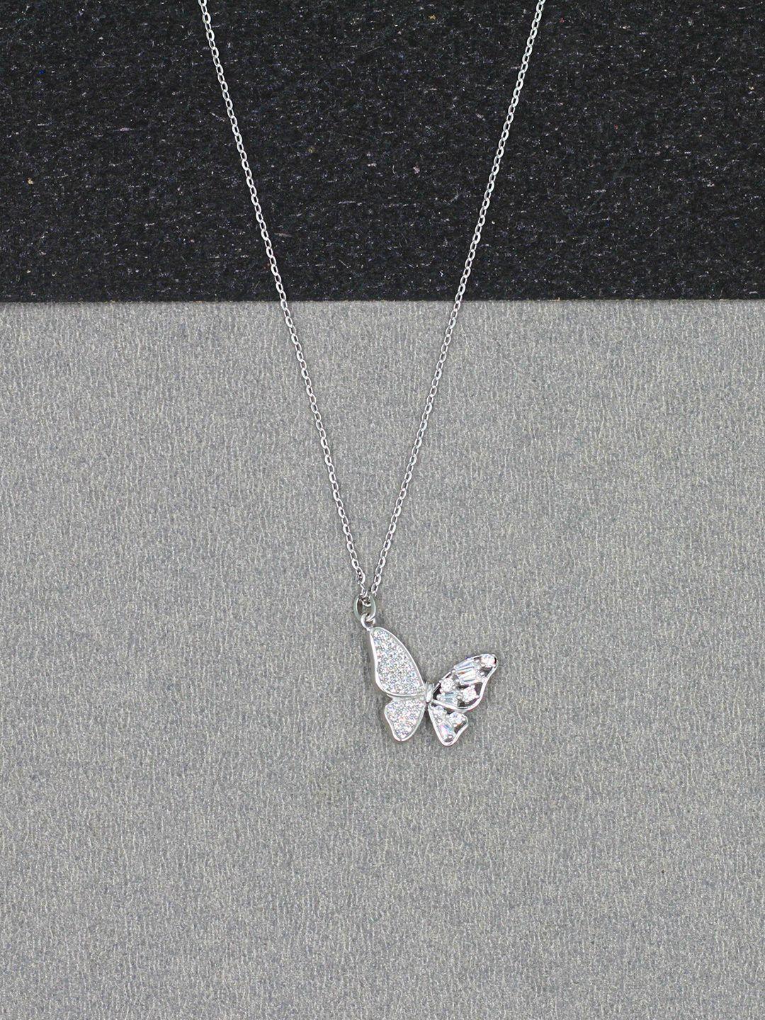 sangeeta boochra silver-plated cubiczirconia-studded butterfly pendant with chain