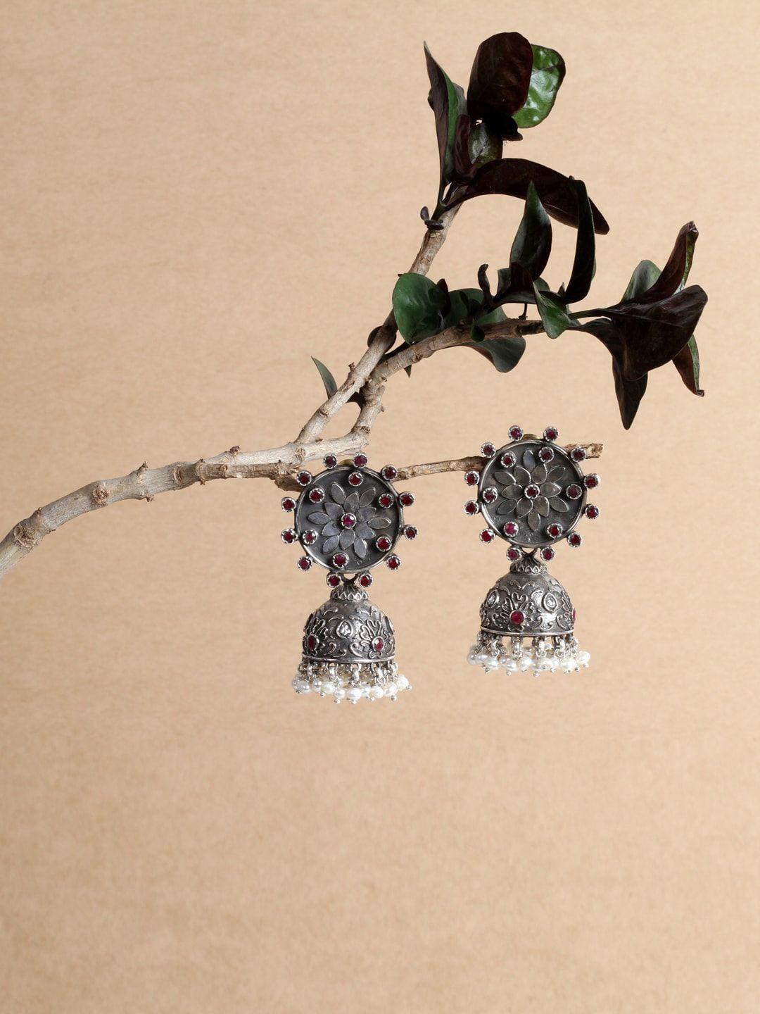 sangeeta boochra silver-toned contemporary jhumkas earrings