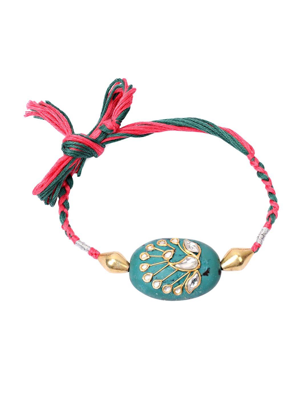 sangeeta boochra turquoise blue & gold-toned stone studded rakhi