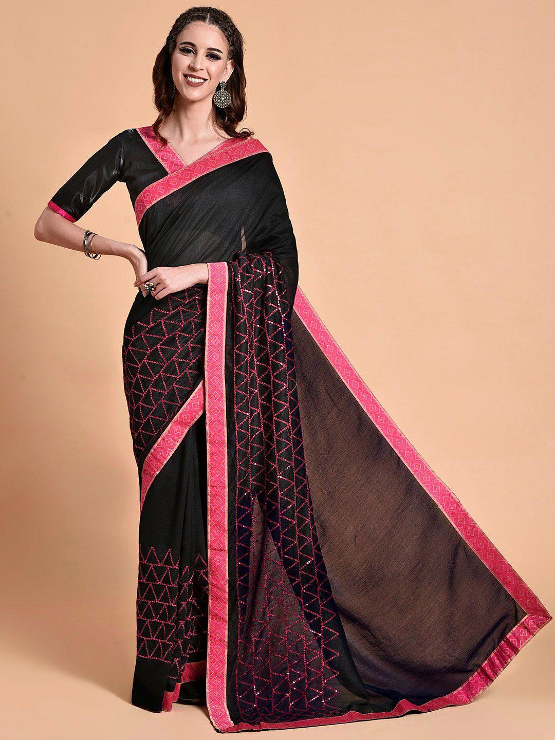 sangria black & pink embellished sequinned pure georgette heavy work saree