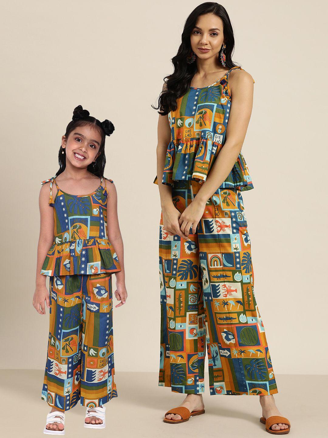sangria blue & mustard yellow pure cotton printed co-ords set