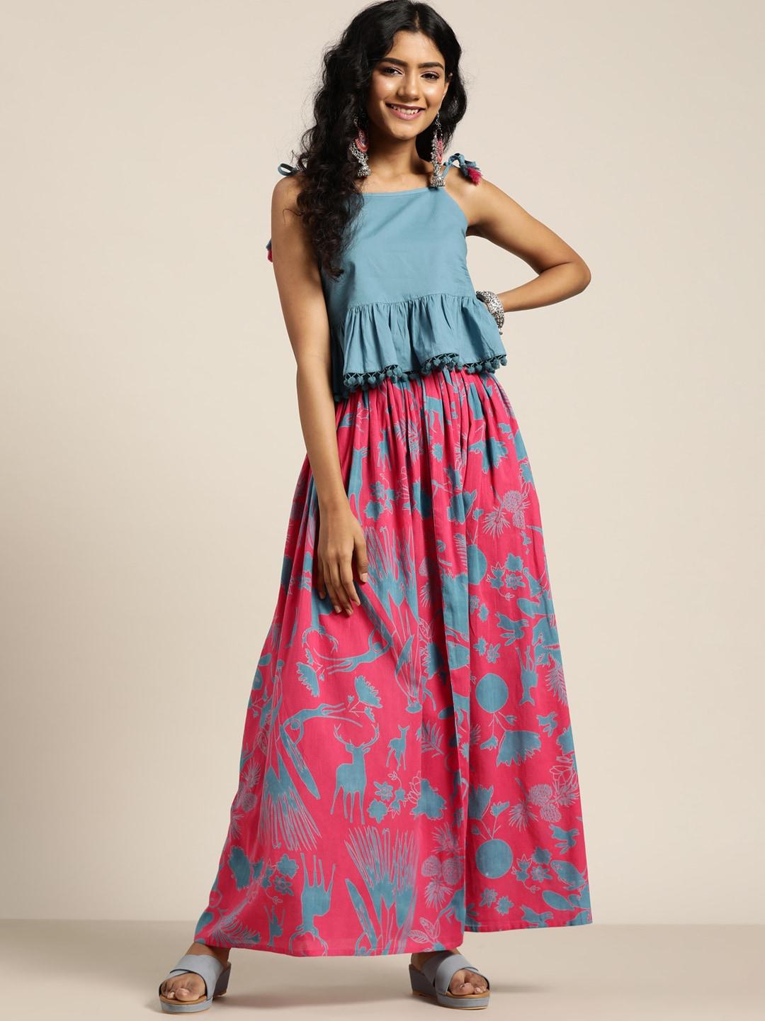 sangria blue & pink ready to wear fusion lehenga with top