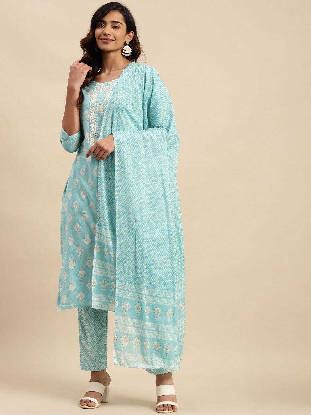 sangria blue & white ethnic motifs printed thread work cotton kurta with trouser & dupatta