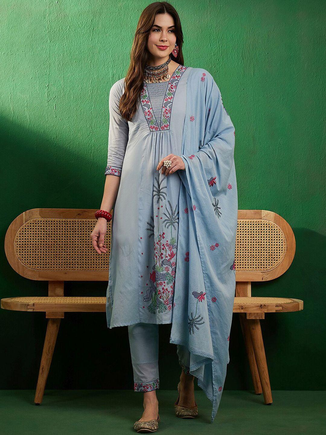 sangria blue floral embroidered pure cotton pleated a-line kurta with trousers & dupatta