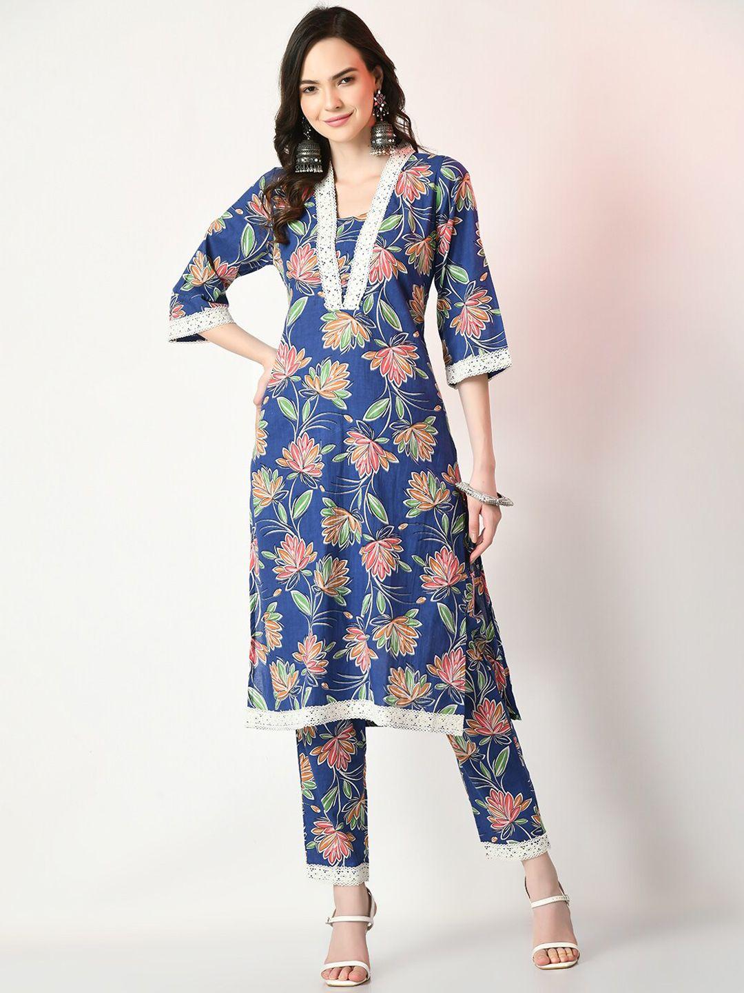 sangria blue, green & red floral printed pure cotton straight kurta with trouser