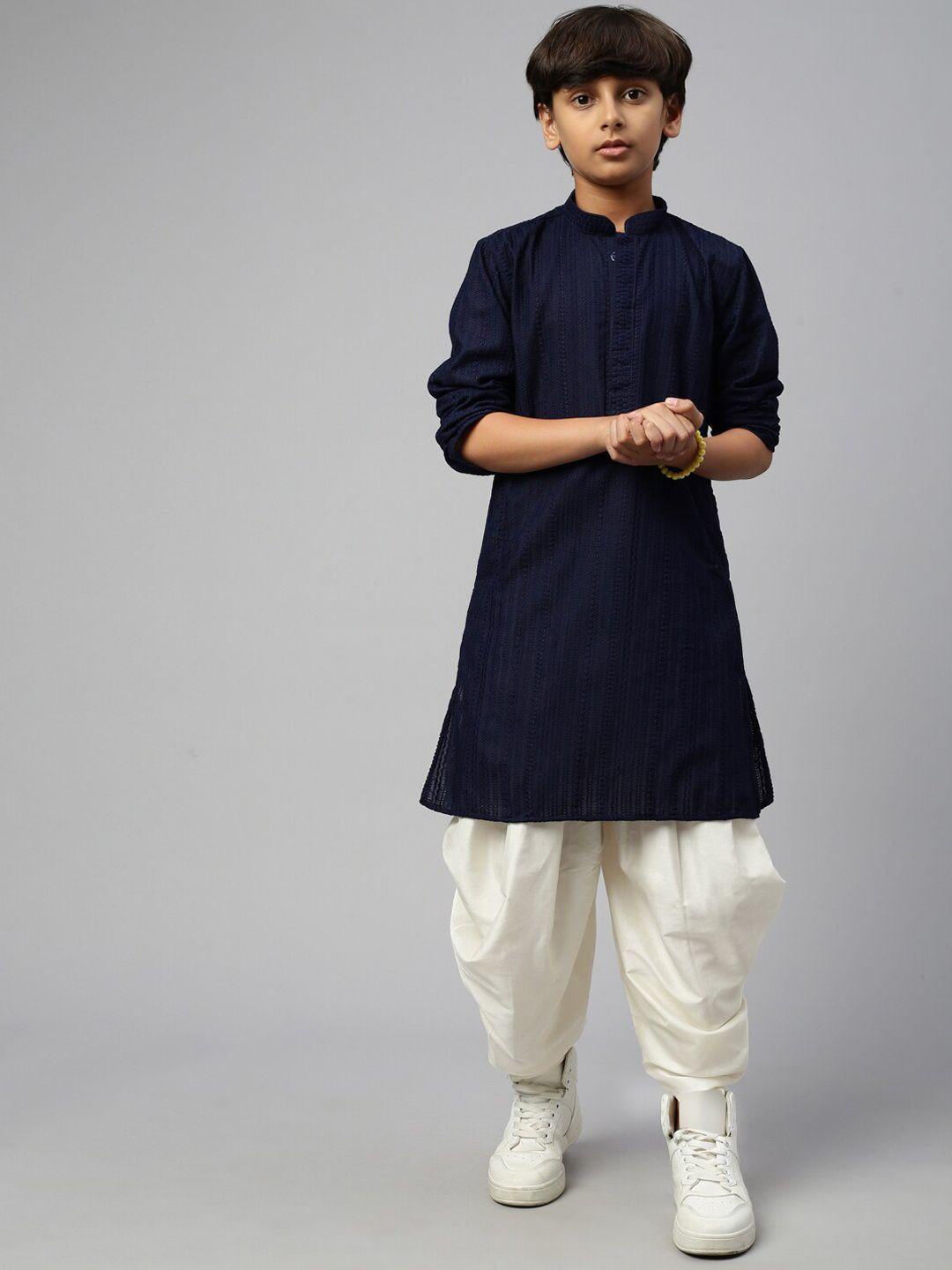 sangria boys black ethnic embroidered chikankari mandarin collar pure cotton kurtas