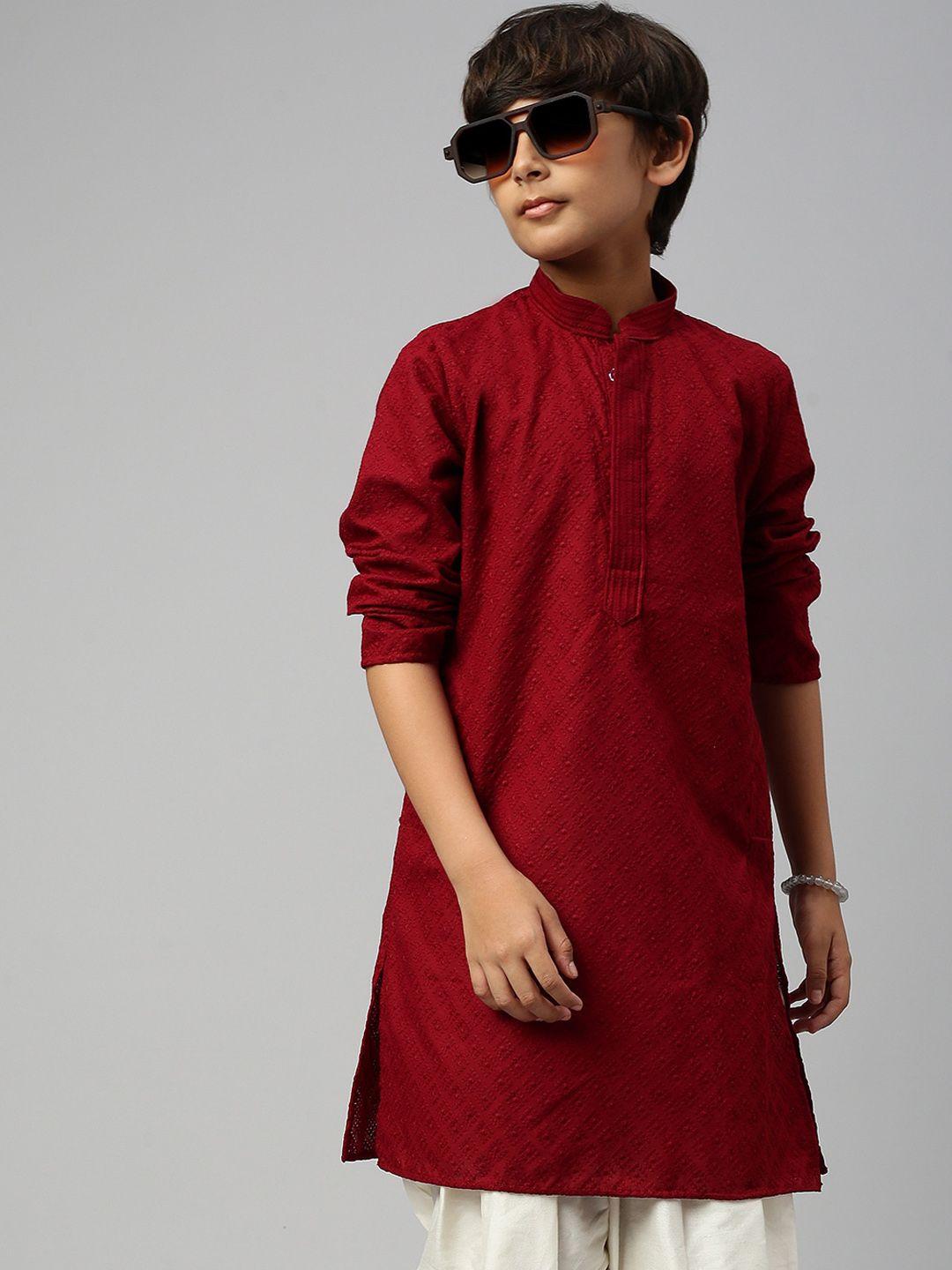 sangria boys maroon ethnic motifs chikankari embroidered regular cotton kurta